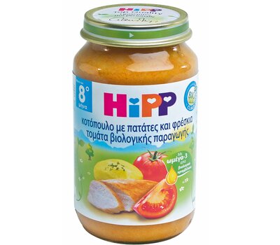 HiPP Παιδική Τροφή σε βαζάκι Κοτόπουλο με Πατάτες και Φρέσκια Τομάτα βιολογικής Παραγωγής από τον 10ο μήνα 220gr